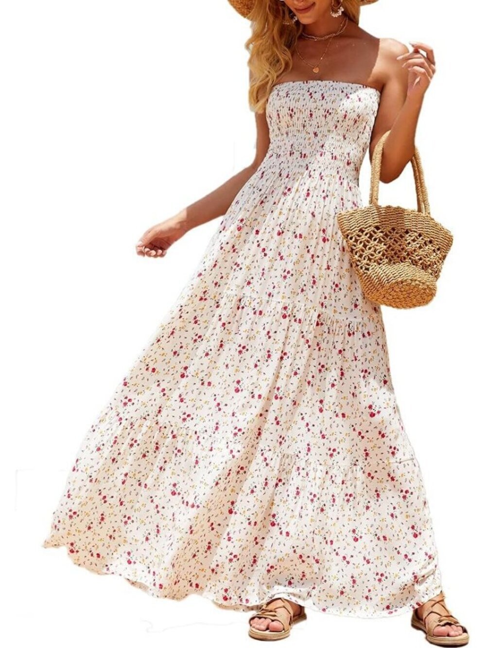 Women's Floral White  Summer Tube Top Off Shoulder Boho Beach Long Maxi Dress
